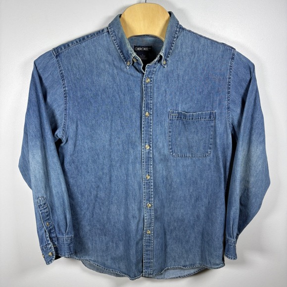 Vintage Cherokee Brand Mens Denim Button Down Shirt Medium Wash Blue Cotton - Picture 2 of 6